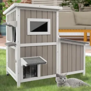 Feral Cat House Outdoor Cats Shelter Weatherproof Large Wooden 3-Rooms Stray Cat Shelter Indoor 2 Story Cat House for Feral Cats