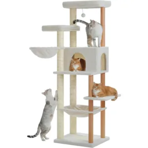 73 Inches Tall Wooden Cat Tower for Indoor Cats. 2 Spacious Hammocks, 2 Big Top Beds,8 Fully Scratching Posts,Natural Wood Posts
