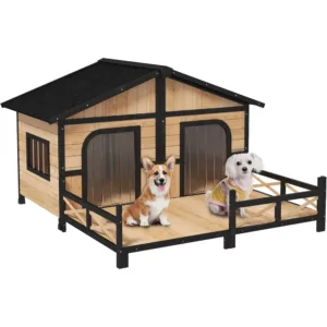 Wooden Large Dog House Outdoor Double XL Dog Kennel with Elevated Floor and Porch, Weatherproof Puppy Shelter for Small and Med