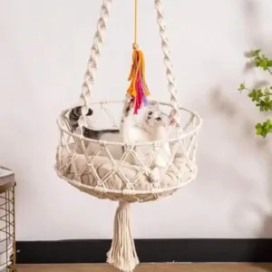 Hanging Macrame Cat Hammock Bed Cat Swing Bed Space Saving Window Perch with Washed Cotton Mat and Funny Cat Toy for Ind