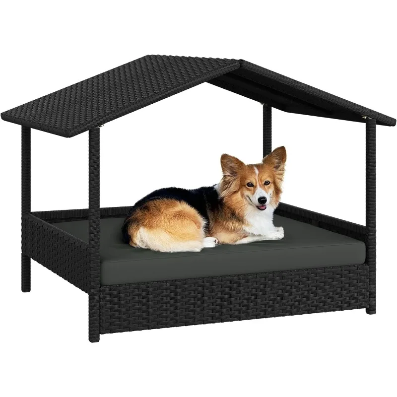 Yaheetech Wicker Dog House Outdoor Indoor with Canopy Elevated Dog Shelter Dog Bed with Cushion for Small Medium Dogs Sh