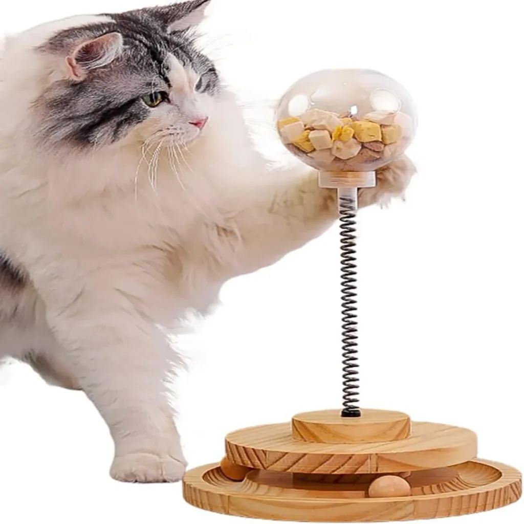 Engaging Interactive Leaking Treat Ball Feeder Cat Toy - Exciting and Stimulating Fun - Wood Spring Track Pet Toy for Mental Sti