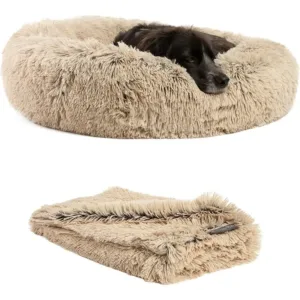 Bundle Set The Original Calming Shag Donut Cuddler Cat and Dog Bed + Pet Throw Blanket Taupe Extra Medium 30"