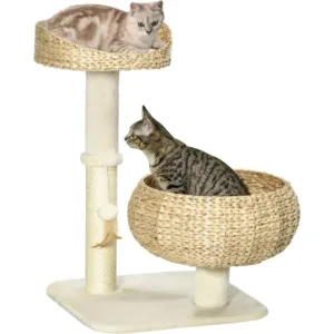 28" Elevated Cat Bed with Sisal Scratching Post. Modern Cat Tree with Cute Basket Design, Small Cat Tree with Fun Ball Toy