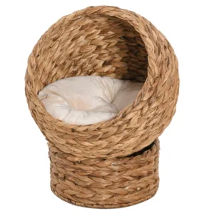 PawHut Handwoven Elevated Cat Bed with Soft Cushion & Cat Egg Chair Shape, Cat Basket Bed Kitty House with Stand, Raised Wicker