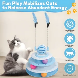 4-Tier Cat Toy - Interactive Spinning Track with LED Balls | Boredom Relief for Indoor Cats | Self-Play & Teaser Wand Combo