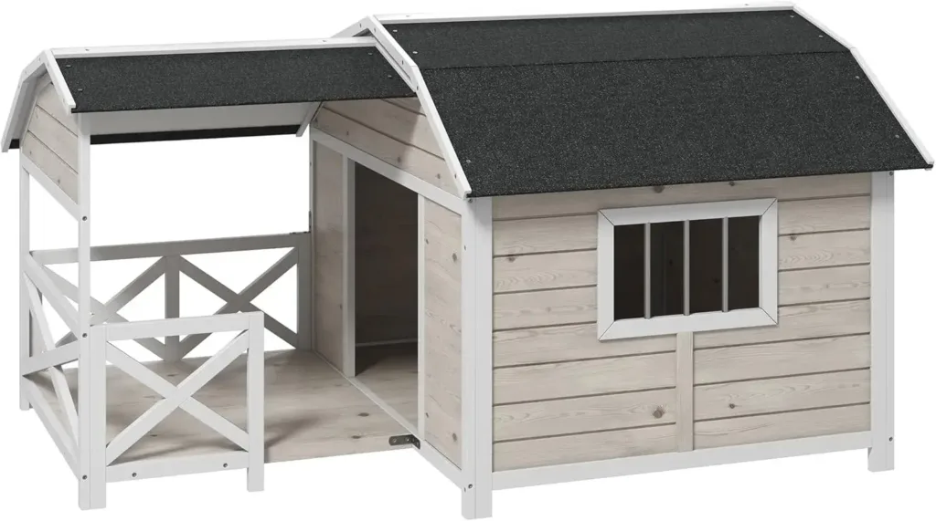 Wooden Dog House Outdoor with Porch Raised Pet Kennel for Medium Large Dogs with Asphalt Roof Front Door Side Windows Gray