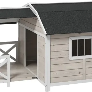 Wooden Dog House Outdoor with Porch Raised Pet Kennel for Medium Large Dogs with Asphalt Roof Front Door Side Windows Gray