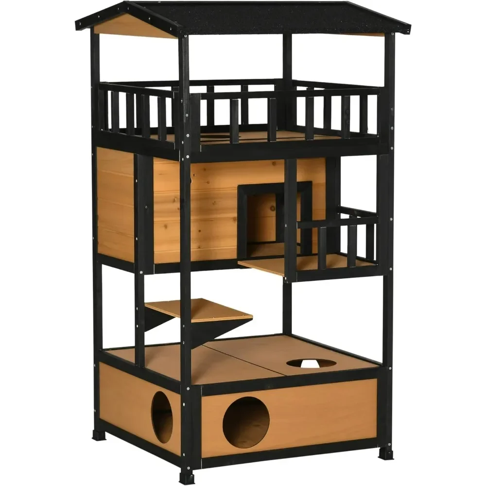 Wooden Outdoor Cat House, Feral Cat Shelter Kitten Condo with Asphalt Roof, Escape Doors, Condo, Jumping Platform, Cat Cages