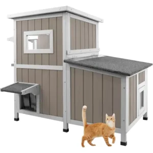 36.1" L Outdoor Cat House,2 Story Cat Shelter with 3 Escape Doors,Weatherproof Fir Wood Feral Cat House with 2 Big Rest Room