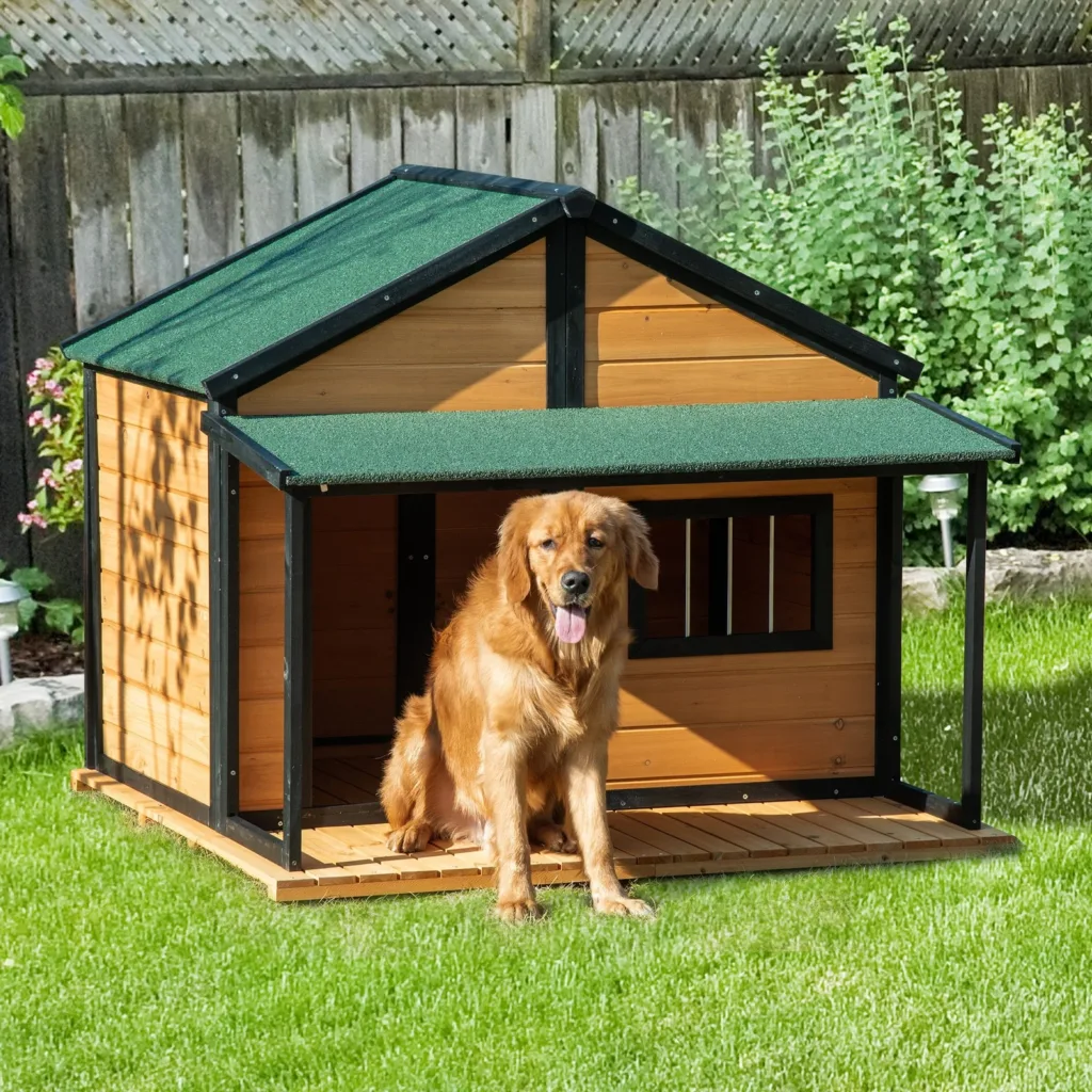 Outdoor Wooden Raised Cabin Dog House w/ Porch, Medium/Large, 53 Lbs., Yellow