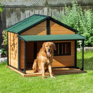 Outdoor Wooden Raised Cabin Dog House w/ Porch, Medium/Large, 53 Lbs., Yellow