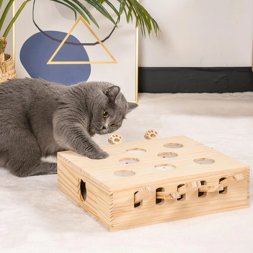 Funny Cat Hunt Puzzle Toy Wooden Maze Pet Hit Hamster Catch Bite Interactive Toys With 3/5holed Mouse Holes Cats Toy Pet Supplie