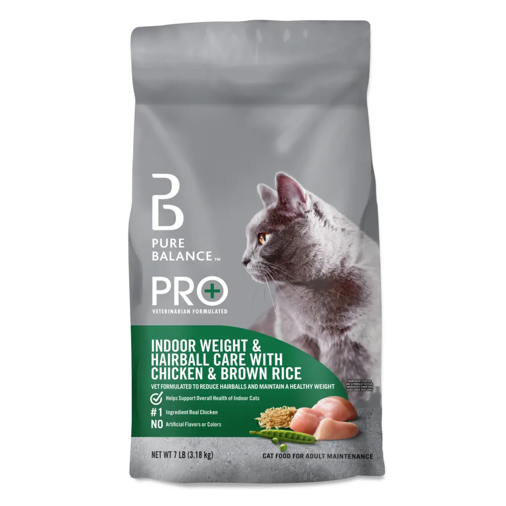 Pro+ Indoor Weight & Hairball Care Dry Cat Food, Chicken & Brown Rice, 7 Lbs