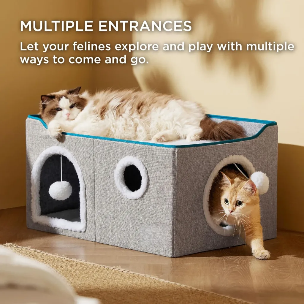 Wide Cat House for Indoor Cats - Large Cat Cave for Pet Cat House with Fluffy Ball Hanging and Scratch Pad