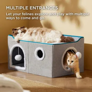 Wide Cat House for Indoor Cats - Large Cat Cave for Pet Cat House with Fluffy Ball Hanging and Scratch Pad