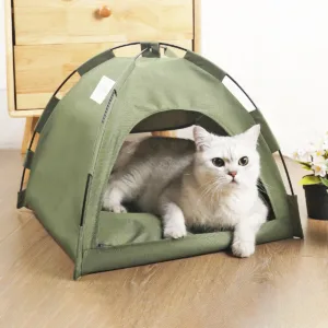 Summer Plain Color Pet Tent Bed, Breathable Canvas & Ice Silk Mat, Semi-Enclosed Design for Cats & Small Dogs Cats Beds
