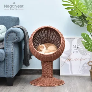 Elevated Cat Bed,Rotatable Egg Chair Pod, Cat Basket Bed with Thick Cushion, Natural Mat Grass Woven Kitty House, Cat,Brown