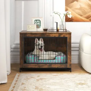 Dog Crate Furniture - 32.5" L Dog Kennel Side Table with Double Doors & Removable Pull-Out Tray, Modern Dog Cage Pet House